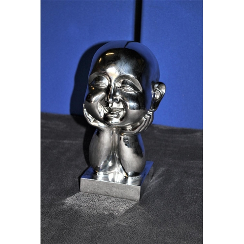 164 - Chrome Effect Happy Buddha, Head Resting on his Hands Statue, 29cm high