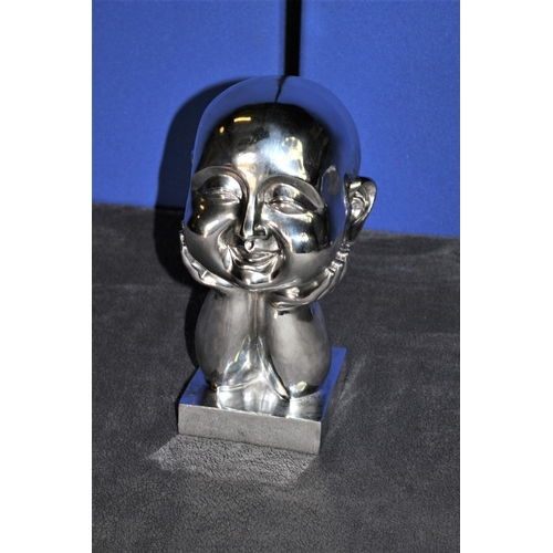 164 - Chrome Effect Happy Buddha, Head Resting on his Hands Statue, 29cm high