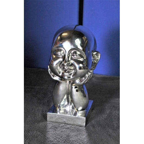 164 - Chrome Effect Happy Buddha, Head Resting on his Hands Statue, 29cm high