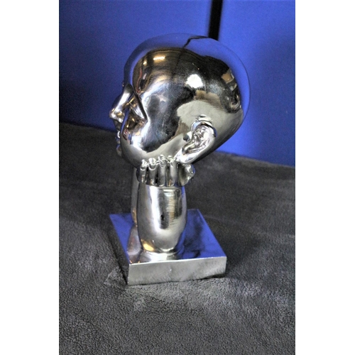 164 - Chrome Effect Happy Buddha, Head Resting on his Hands Statue, 29cm high