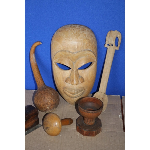 179 - Selection of Wooden Items to Include - Mask, Elephant Hand Carved Handled Spoon, Dried Seed Maraca p... 