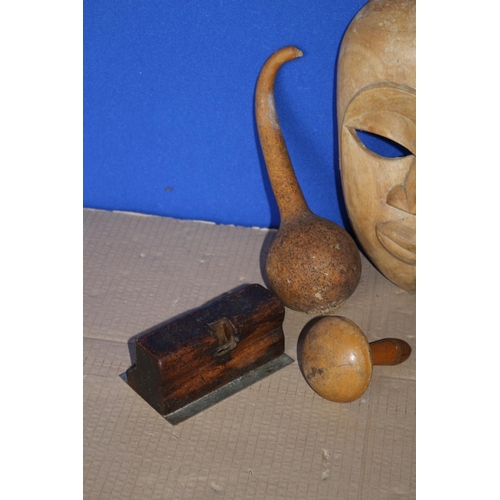 179 - Selection of Wooden Items to Include - Mask, Elephant Hand Carved Handled Spoon, Dried Seed Maraca p... 