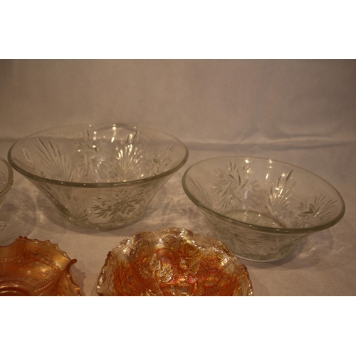 102 - 2 Carnival ware dishes with clear glass fruit bowls