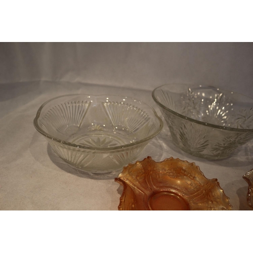 102 - 2 Carnival ware dishes with clear glass fruit bowls