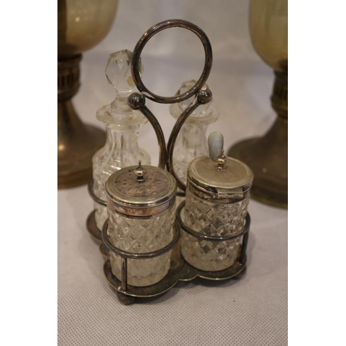 112 - 2 Mason Conont Flame metal candle holders with smoked glass lamp shades. A plated vintage condiment ... 