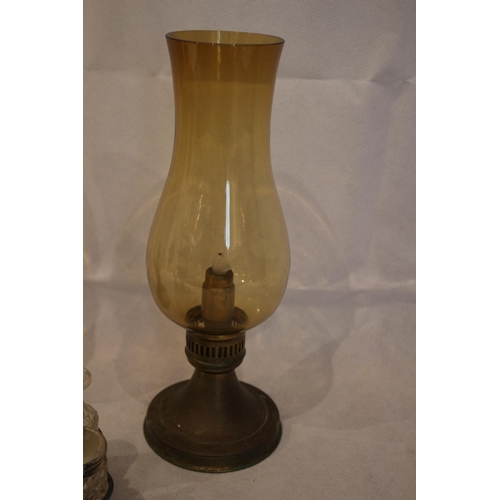 112 - 2 Mason Conont Flame metal candle holders with smoked glass lamp shades. A plated vintage condiment ... 