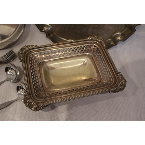 118 - Walker & Hall plated Bon Bon dish. Selection of stainless steel cutlery and plated trays one engrave... 