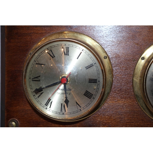 123 - Barometer and clock mounted on wood