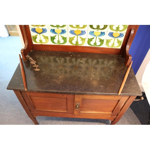 14 - Victorian Wash stand with marble or granite top and ornate tiled back and heart cut outs. Side towel... 