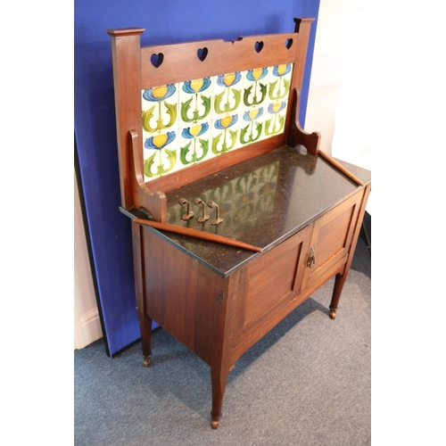 14 - Victorian Wash stand with marble or granite top and ornate tiled back and heart cut outs. Side towel... 