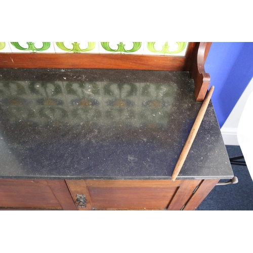 14 - Victorian Wash stand with marble or granite top and ornate tiled back and heart cut outs. Side towel... 