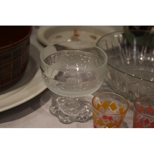 156 - Interesting mix of china and glass ware including Royal Worchester Flan dish, 4 French shot glasses