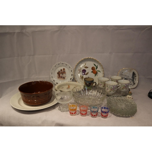 156 - Interesting mix of china and glass ware including Royal Worchester Flan dish, 4 French shot glasses