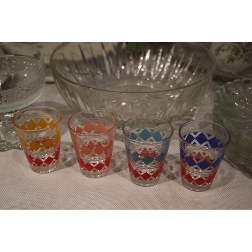 156 - Interesting mix of china and glass ware including Royal Worchester Flan dish, 4 French shot glasses