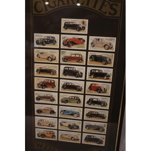 164 - Wills Cigarette Cards in Display case. Vintage Cars