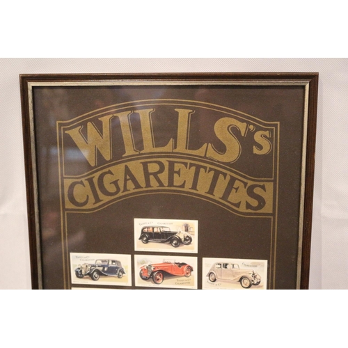 164 - Wills Cigarette Cards in Display case. Vintage Cars