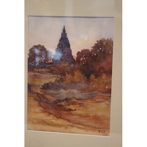 196 - Two framed, boarder and glazed watercolour paintings scenes of India by Mrs. E W Browne. One dated 1... 