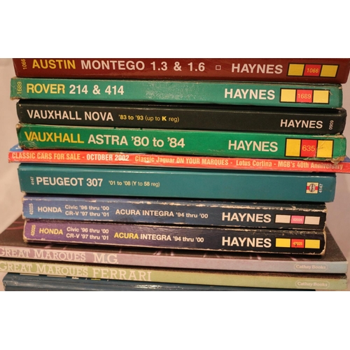 198 - A selection of motoring books and manuals including 12 Haynes manuals. Motoring Fan and clock