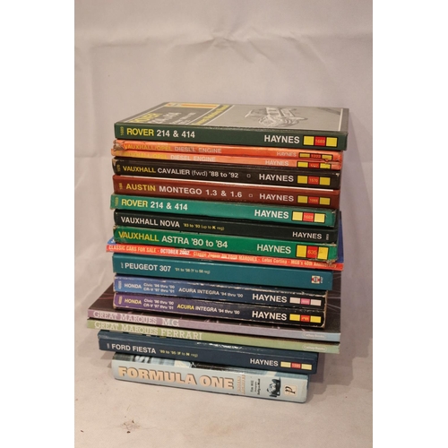 198 - A selection of motoring books and manuals including 12 Haynes manuals. Motoring Fan and clock