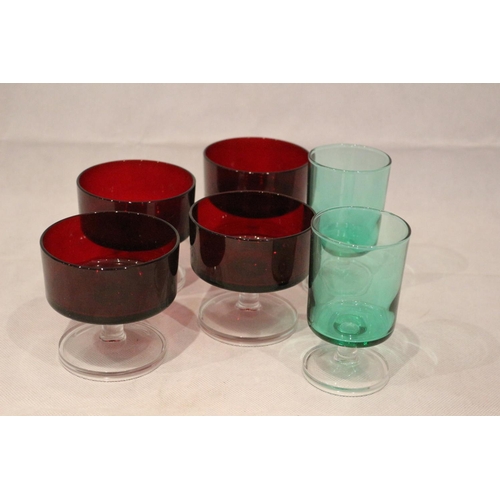 217 - 70's coloured glass, 4 dessert dishes and 2 drink glasses