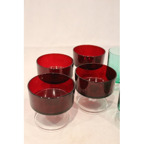 217 - 70's coloured glass, 4 dessert dishes and 2 drink glasses