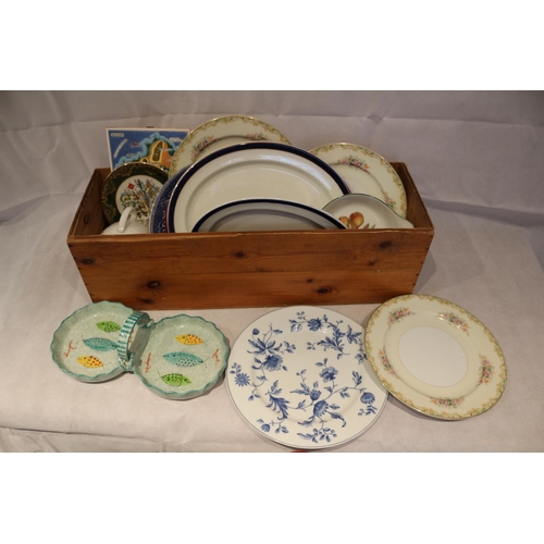 32 - A wooden box of interesting chinaware