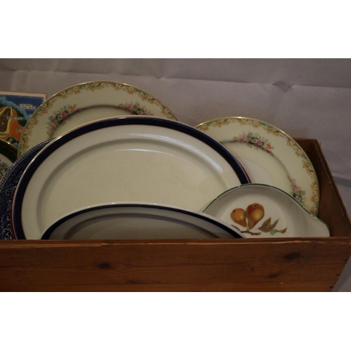 32 - A wooden box of interesting chinaware