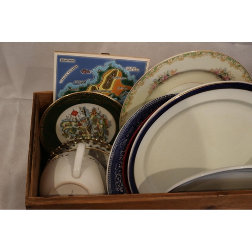 32 - A wooden box of interesting chinaware