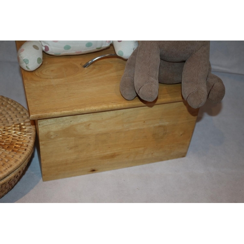 34 - 2 novelty door stops. A basket of sewing items plus a wooden bread bin