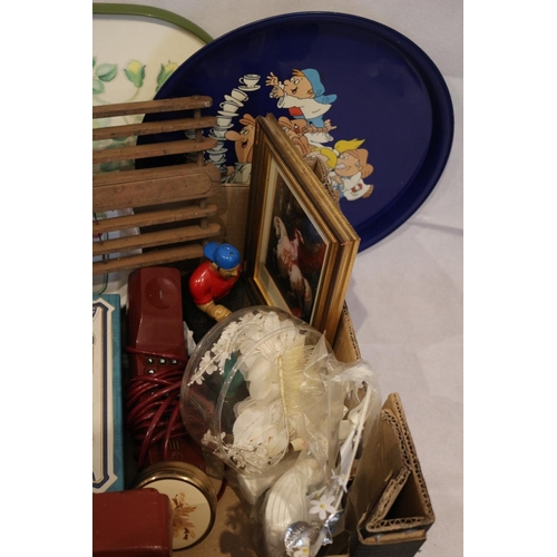 52 - A box of interesting items including a vintage Mickey Mouse, Blue Elephant, Games, Trays, Dvd and mo... 