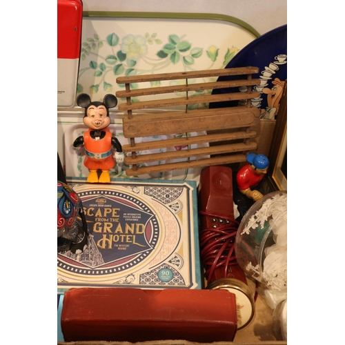 52 - A box of interesting items including a vintage Mickey Mouse, Blue Elephant, Games, Trays, Dvd and mo... 