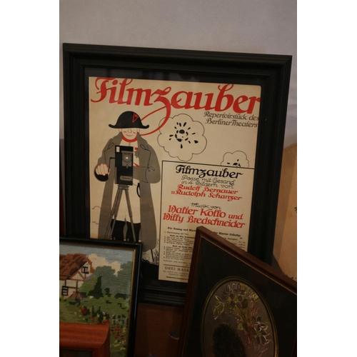 58 - A box of mixed items including a framed German poster/print, vintage leather briefcase and more