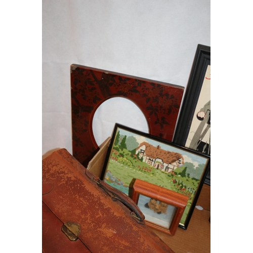 58 - A box of mixed items including a framed German poster/print, vintage leather briefcase and more