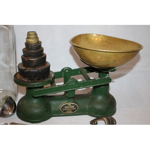 66 - Box of items including scales and weights, metal handles, jar and other plate ware