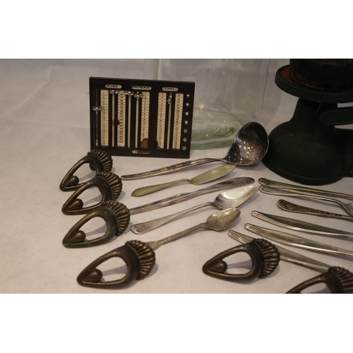 66 - Box of items including scales and weights, metal handles, jar and other plate ware