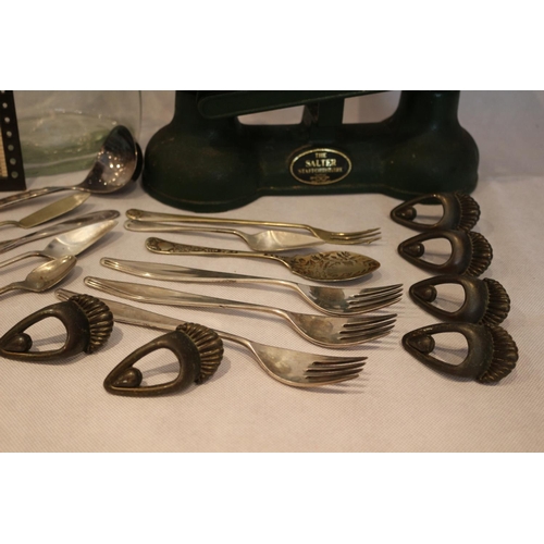 66 - Box of items including scales and weights, metal handles, jar and other plate ware