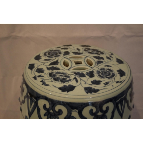 72 - A vintage Chinese transfer printed garden barrel seat. An area of print slightly faded black