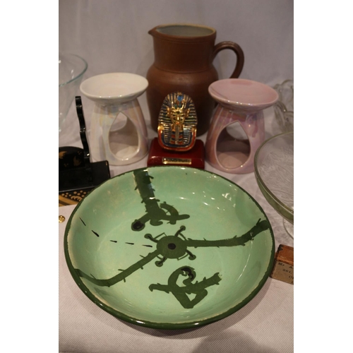 88 - Box of interesting items including opalesque incense oil burners and made in France pitcher