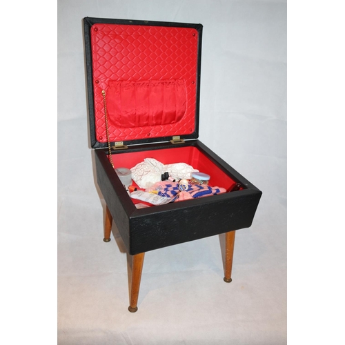 96 - 60's/70's Four legged, button topped, sewing box, makers mark, Sherbourne. With red lining and some ... 