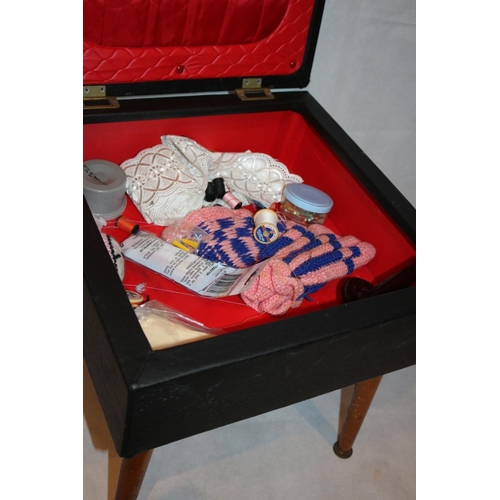 96 - 60's/70's Four legged, button topped, sewing box, makers mark, Sherbourne. With red lining and some ... 