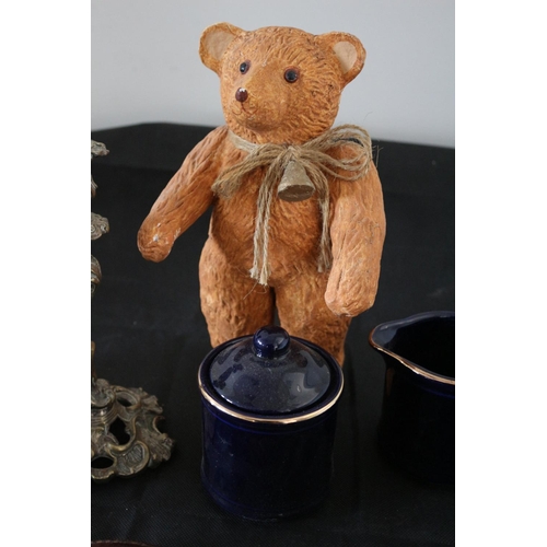 112 - An Eclectic Lot To Include Soapstone Trinket Box, Teddy bear and an aged Measuring Tape a/f