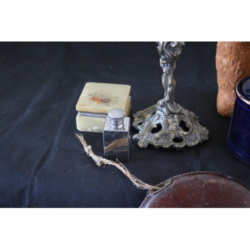 112 - An Eclectic Lot To Include Soapstone Trinket Box, Teddy bear and an aged Measuring Tape a/f