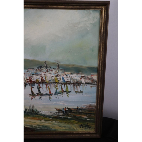 122 - Framed And Signed Oil On Canvas Painting Of A Continental Harbour Scene