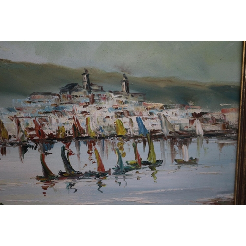 122 - Framed And Signed Oil On Canvas Painting Of A Continental Harbour Scene