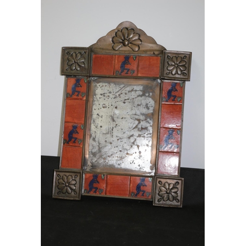 21 - Mexican Copper and Tile Framed Mirror. 39 cm high x 27 cm wide