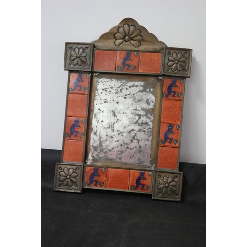 21 - Mexican Copper and Tile Framed Mirror. 39 cm high x 27 cm wide