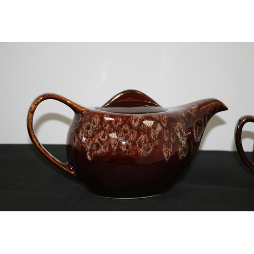 180 - Great Cornwall Pottery Treacle Glazed Teapot, Sugar Bowl and Milk Jug