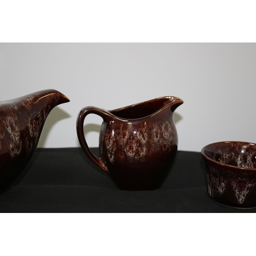 180 - Great Cornwall Pottery Treacle Glazed Teapot, Sugar Bowl and Milk Jug