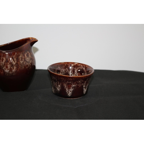 180 - Great Cornwall Pottery Treacle Glazed Teapot, Sugar Bowl and Milk Jug