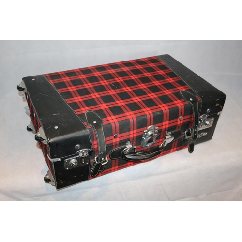 208 - Bright Red Tartan Suitcase On Wheels, Latch Needs Repairing